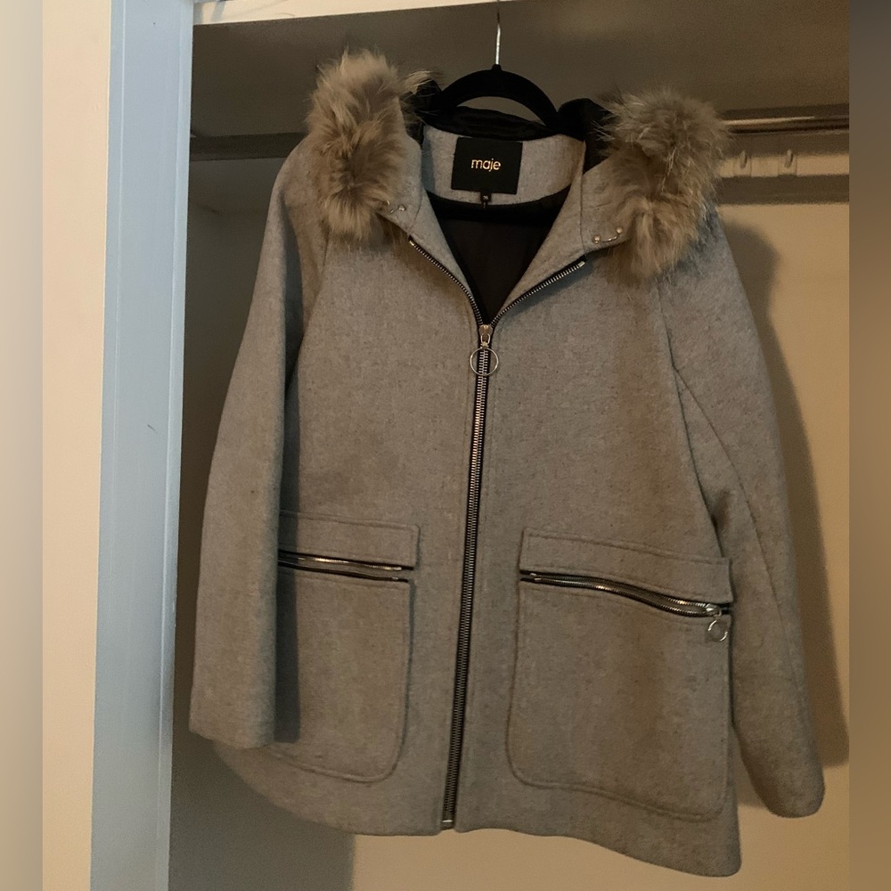 Maje Gray Wool Coat with Fur Hood Trim